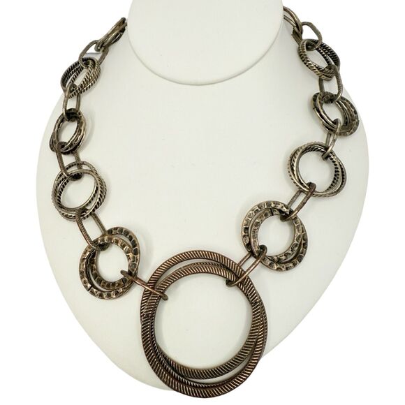 Silver Tone Circle Statement Necklace 26" Gunmetal Chain Link Boho Heavy - Picture 1 of 10